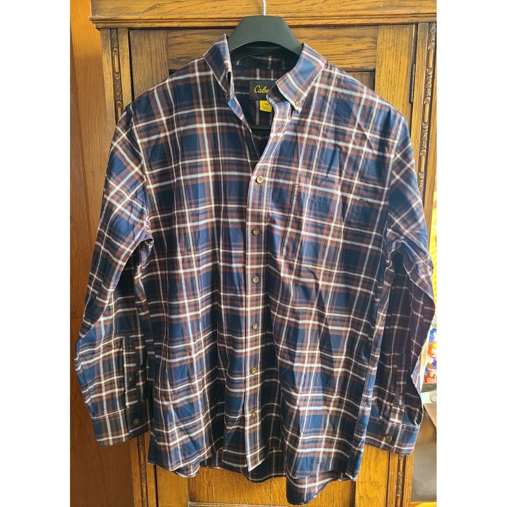 Cabelas Mens Plaid Button Down Shirt Navy Brown Long Sleeve Cotton Tall LT